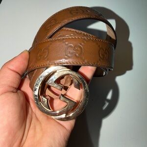 Authentic Gucci Brown Leather GG Logo Belt with Gold Buckle